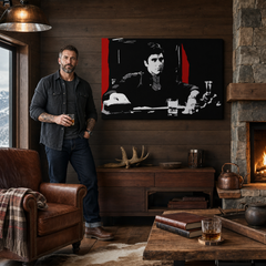Quadro POP Art dipinto a mano AL PACINO 1 pezzo al30 – quadro in un moderno interno maschile, visualizzazione lifestyle. Colori dominanti: nero, rosso, grigio, bianco.