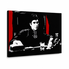 Quadro POP Art dipinto a mano AL PACINO 1 pezzo al30 – Visualizzazione 3D del quadro dipinto a mano su sfondo bianco. Colori dominanti: nero, rosso, grigio, bianco.