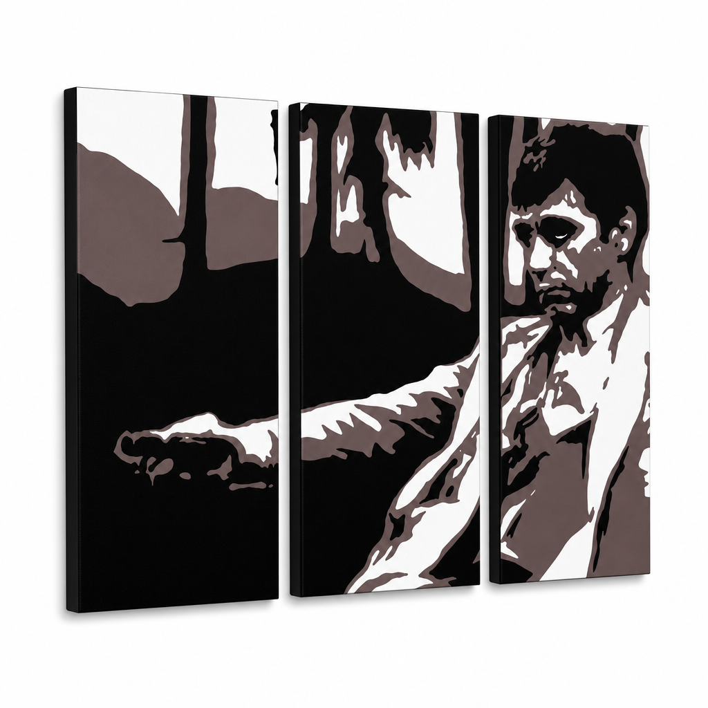 Quadro POP Art dipinto a mano AL PACINO 3 pezzi al24 – Visualizzazione 3D del quadro dipinto a mano su sfondo bianco. Colori dominanti: nero, marrone, bianco, grigio.