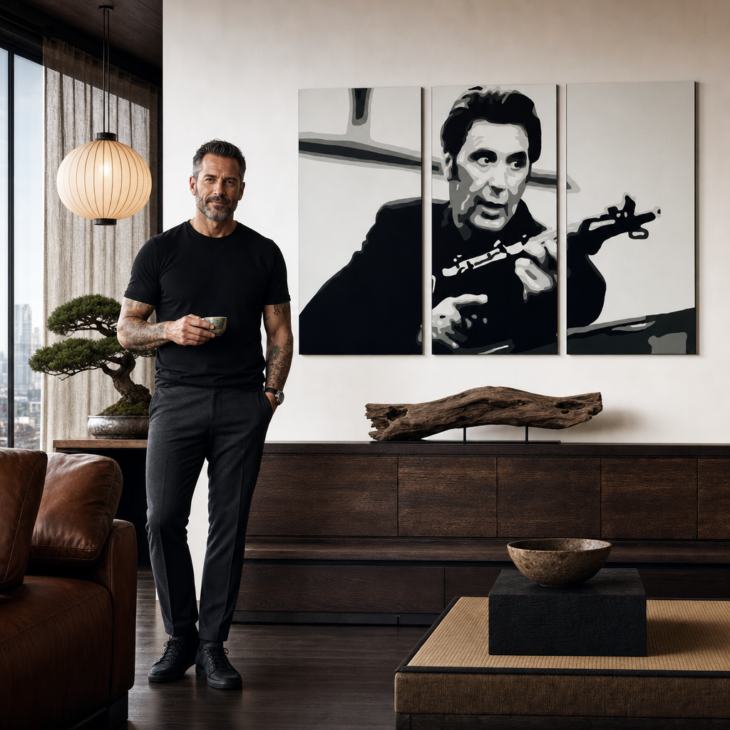 Quadro POP Art dipinto a mano AL PACINO 3 pezzi al4 – quadro in un moderno interno maschile, visualizzazione lifestyle. Colori dominanti: nero, bianco, grigio.