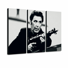 Quadro POP Art dipinto a mano AL PACINO 3 pezzi al4 – Visualizzazione 3D del quadro dipinto a mano su sfondo bianco. Colori dominanti: nero, bianco, grigio.