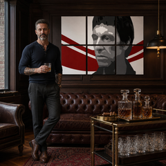 Quadro POP Art dipinto a mano AL PACINO 6 parti al6 – quadro in un moderno interno maschile, visualizzazione lifestyle. Colori dominanti: nero, rosso, bianco.