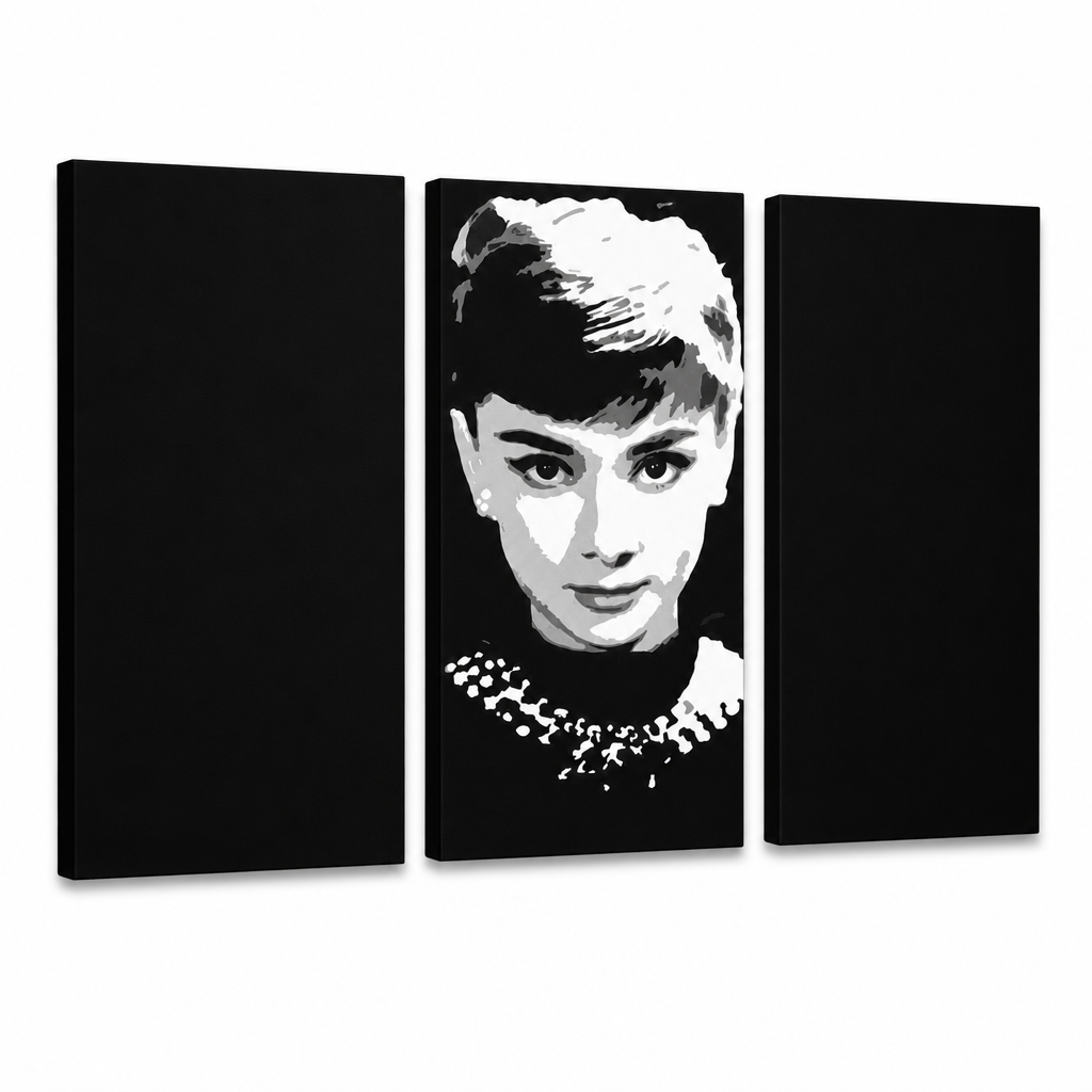Quadro POP Art dipinto a mano Audrey HEPBHURN 3 pezzi ah – Visualizzazione 3D del quadro dipinto a mano su sfondo bianco. Colori dominanti: nero, bianco, grigio.