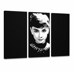 Quadro POP Art dipinto a mano Audrey HEPBHURN 3 pezzi ah – Visualizzazione 3D del quadro dipinto a mano su sfondo bianco. Colori dominanti: nero, bianco, grigio.
