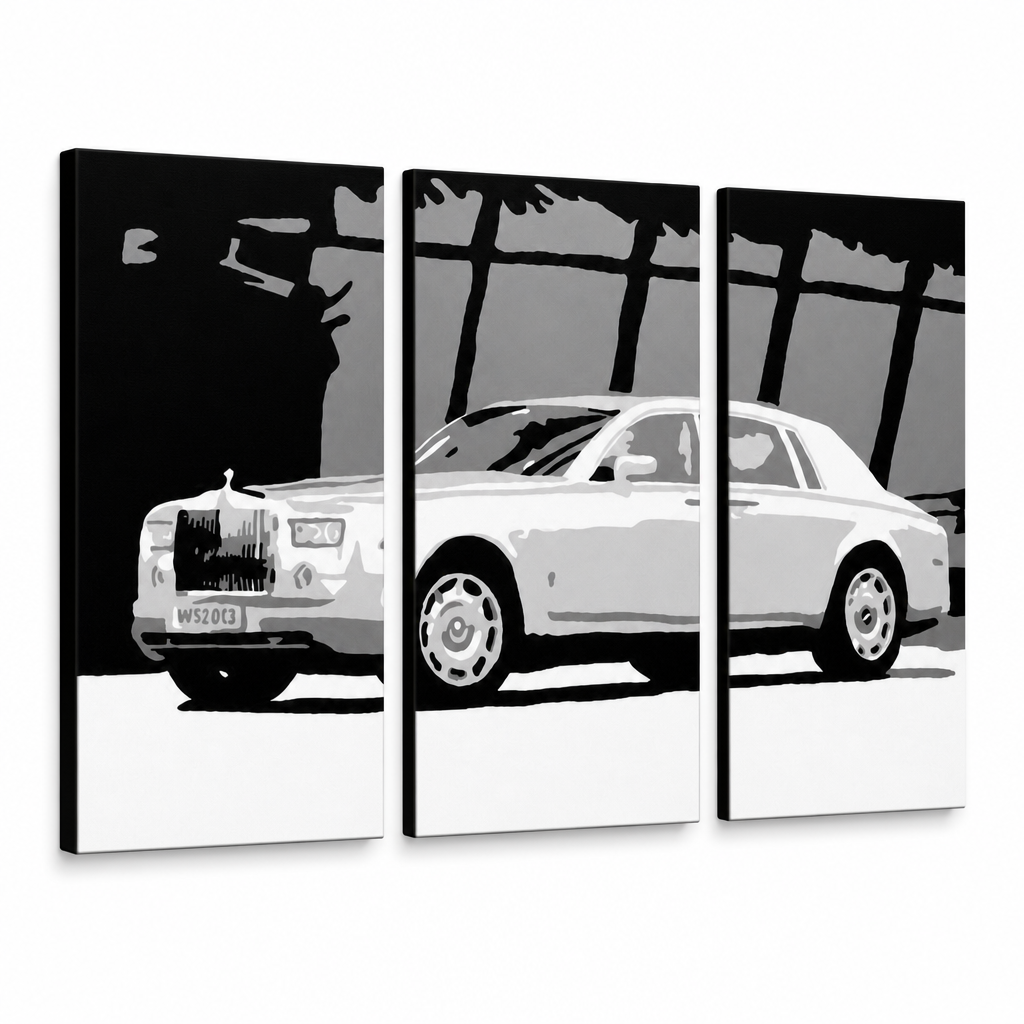 Quadro POP Art dipinto a mano BENTLEY 3 pezzi piegato – Visualizzazione 3D del quadro dipinto a mano su sfondo bianco. Colori dominanti: bianco, nero, grigio.