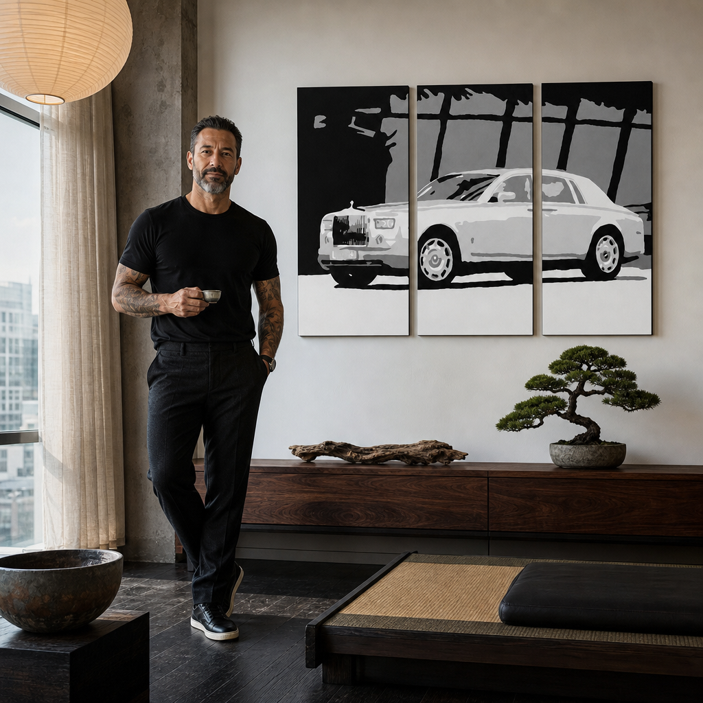 Quadro POP Art dipinto a mano BENTLEY 3 pezzi piegato – quadro in un moderno interno maschile, visualizzazione lifestyle. Colori dominanti: bianco, nero, grigio.