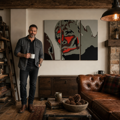 Quadro POP Art dipinto a mano BROWN APE 3 pezzi ibbrown – quadro in un moderno interno maschile, visualizzazione lifestyle. Colori dominanti: nero, rosso, grigio, marrone, bianco.