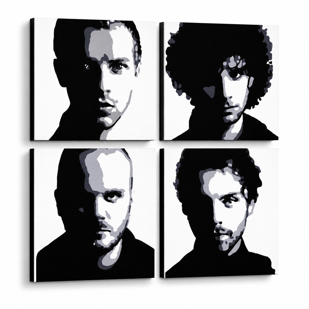 Quadro POP Art dipinto a mano Coldplay 4 pezzi cp – Visualizzazione 3D del quadro dipinto a mano su sfondo bianco. Colori dominanti: nero, bianco, grigio.