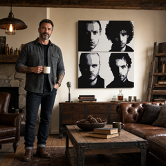Quadro POP Art dipinto a mano Coldplay 4 pezzi cp – quadro in un moderno interno maschile, visualizzazione lifestyle. Colori dominanti: nero, bianco, grigio.