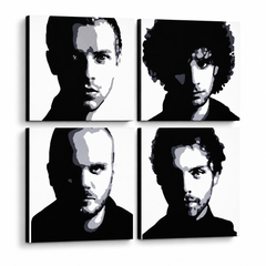 Quadro POP Art dipinto a mano Coldplay 4 pezzi cp – Visualizzazione 3D del quadro dipinto a mano su sfondo bianco. Colori dominanti: nero, bianco, grigio.