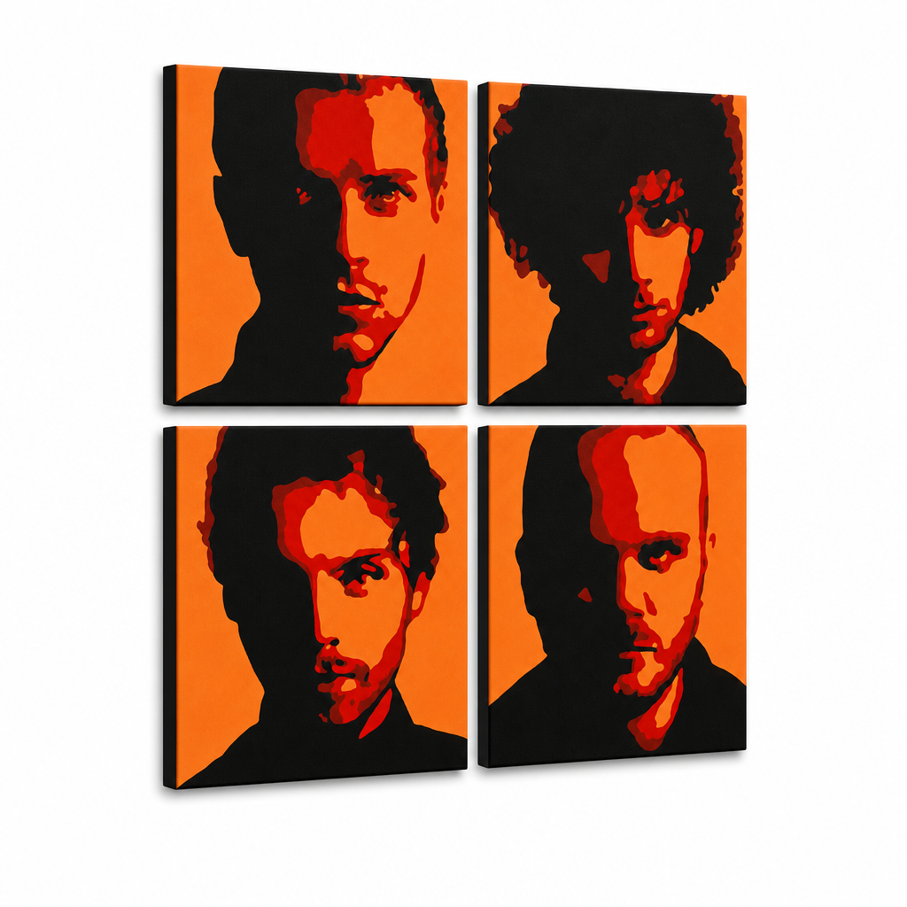 Quadro POP Art dipinto a mano Coldplay 4 pezzi cp2 – Visualizzazione 3D del quadro dipinto a mano su sfondo bianco. Colori dominanti: nero, arancione, rosso.