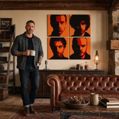 Quadro POP Art dipinto a mano Coldplay 4 pezzi cp2 – quadro in un moderno interno maschile, visualizzazione lifestyle. Colori dominanti: nero, arancione, rosso.