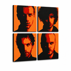 Quadro POP Art dipinto a mano Coldplay 4 pezzi cp2 – Visualizzazione 3D del quadro dipinto a mano su sfondo bianco. Colori dominanti: nero, arancione, rosso.