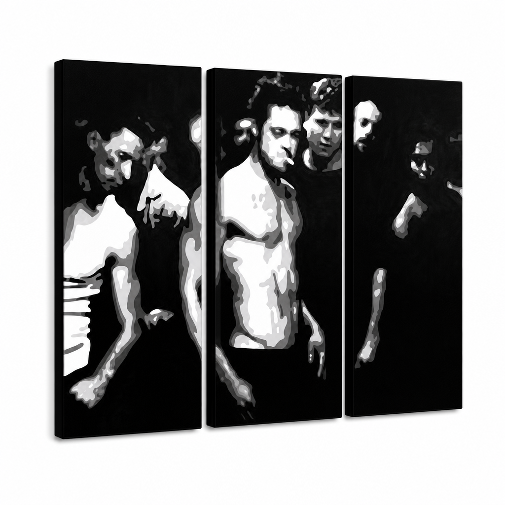 Quadro POP Art dipinto a mano Facce 3 pezzi fac. – Visualizzazione 3D del quadro dipinto a mano su sfondo bianco. Colori dominanti: nero, bianco, grigio.