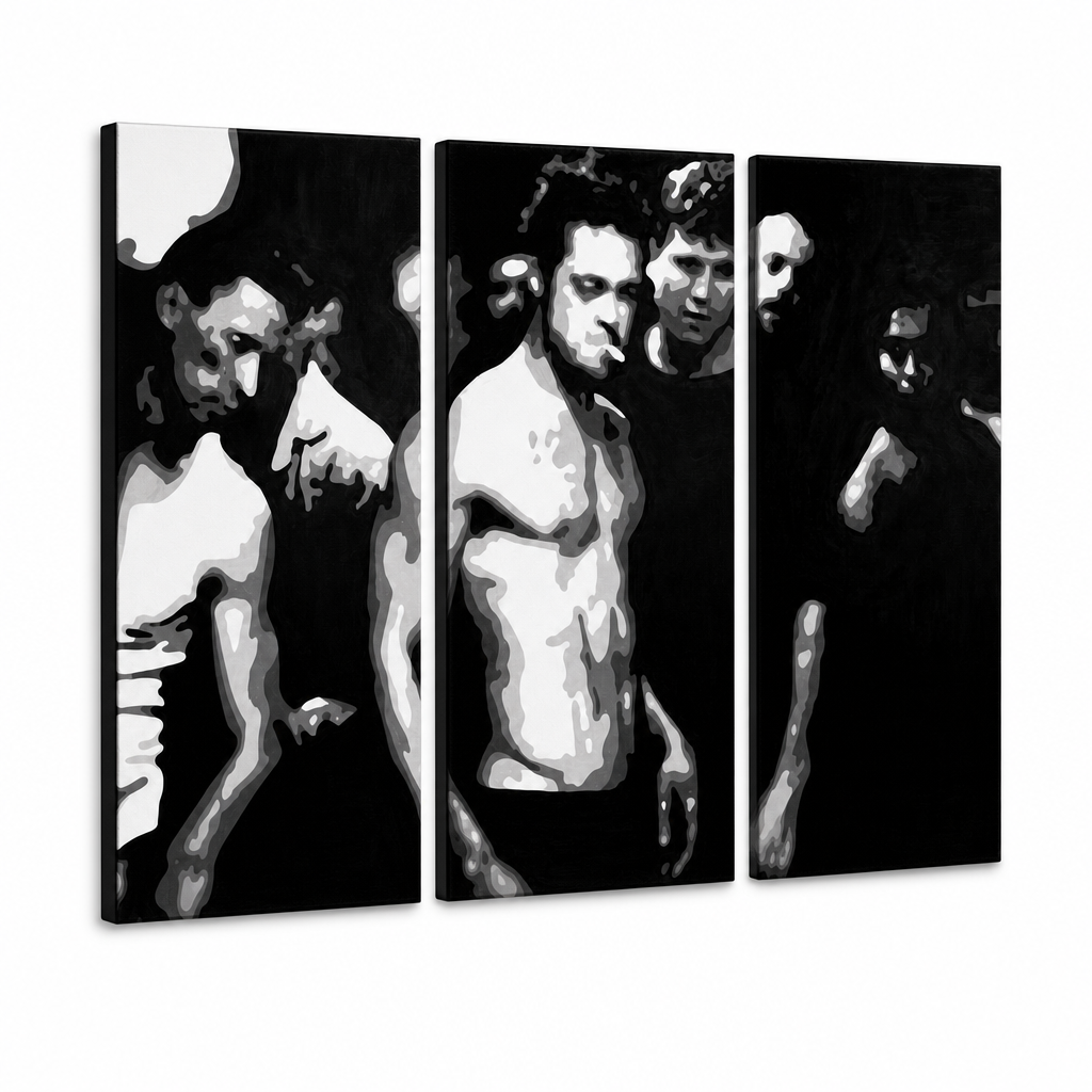 Quadro POP Art dipinto a mano Fight Club 3 pezzi fc – Visualizzazione 3D del quadro dipinto a mano su sfondo bianco. Colori dominanti: nero, bianco, grigio.