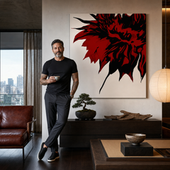 Quadro POP Art dipinto a mano FLOWER 3 parti flo – quadro in un moderno interno maschile, visualizzazione lifestyle. Colori dominanti: nero, rosso, arancione.