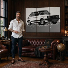 Quadro POP Art dipinto a mano GOLF 3 pezzi di golf – quadro in un moderno interno maschile, visualizzazione lifestyle. Colori dominanti: bianco, nero, grigio.