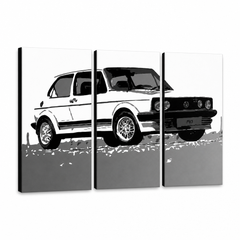 Quadro POP Art dipinto a mano GOLF 3 pezzi di golf – Visualizzazione 3D del quadro dipinto a mano su sfondo bianco. Colori dominanti: bianco, nero, grigio.