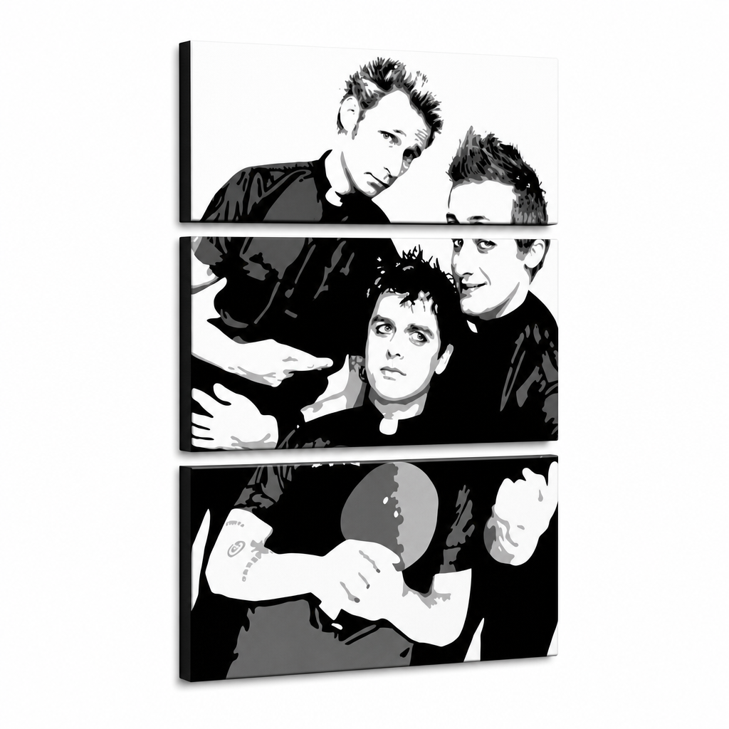 Quadro POP Art dipinto a mano Green Day 3 pezzi gd – Visualizzazione 3D del quadro dipinto a mano su sfondo bianco. Colori dominanti: nero, bianco, grigio.