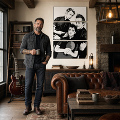 Quadro POP Art dipinto a mano Green Day 3 pezzi gd – quadro in un moderno interno maschile, visualizzazione lifestyle. Colori dominanti: nero, bianco, grigio.