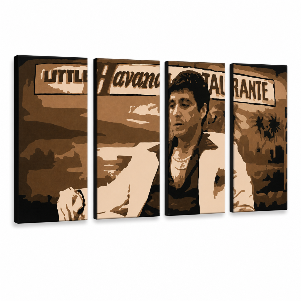 Quadro POP Art dipinto a mano HAVANA - AL PACINO 4 pezzi al17 – Visualizzazione 3D del quadro dipinto a mano su sfondo bianco. Colori dominanti: marrone, beige, nero.