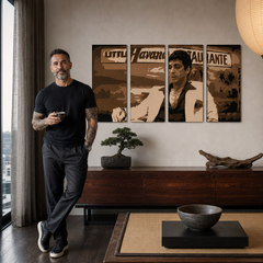 Quadro POP Art dipinto a mano HAVANA - AL PACINO 4 pezzi al17 – quadro in un moderno interno maschile, visualizzazione lifestyle. Colori dominanti: marrone, beige, nero.