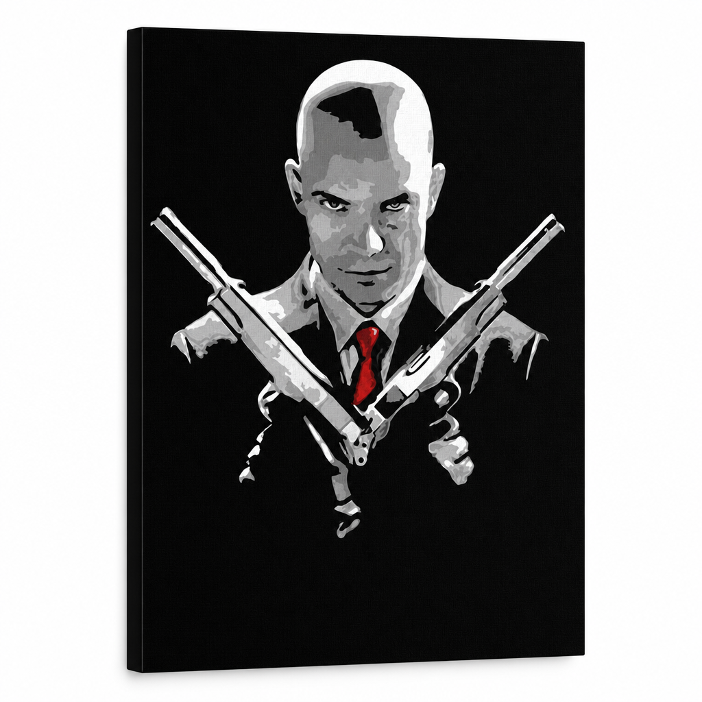 Quadro POP Art dipinto a mano HITMAN hit – Visualizzazione 3D del quadro dipinto a mano su sfondo bianco. Colori dominanti: nero, rosso, grigio.