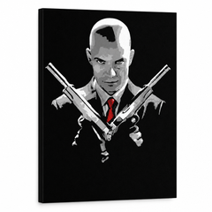 Quadro POP Art dipinto a mano HITMAN hit – Visualizzazione 3D del quadro dipinto a mano su sfondo bianco. Colori dominanti: nero, rosso, grigio.