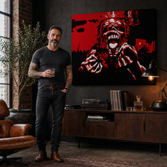 Quadro POP Art dipinto a mano Iron Maiden 1 pezzo im – quadro in un moderno interno maschile, visualizzazione lifestyle. Colori dominanti: rosso, nero, bianco.