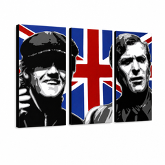 Quadro POP Art dipinto a mano Italian Job 3 pezzi ij – Visualizzazione 3D del quadro dipinto a mano su sfondo bianco. Colori dominanti: nero, bianco, blu, rosso, marrone.