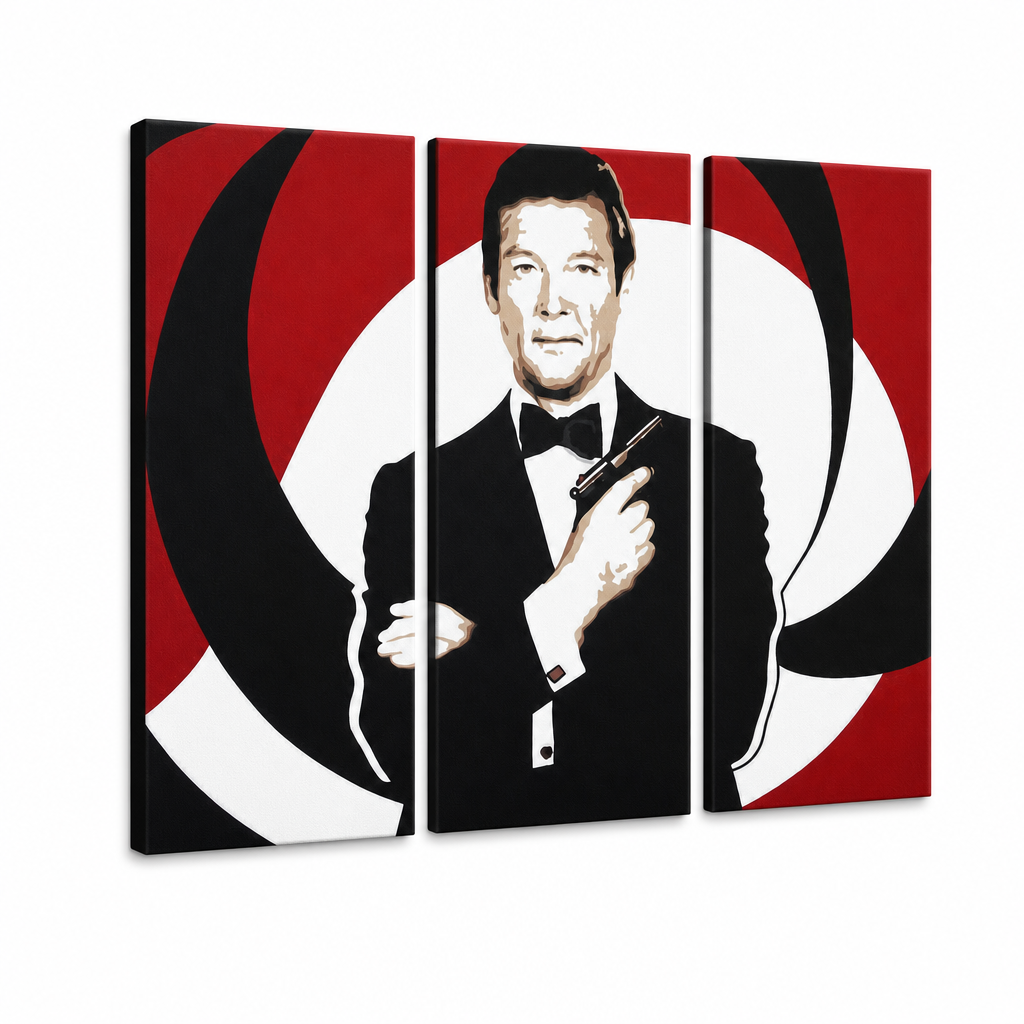 Quadro POP Art dipinto a mano James Bond 3 pezzi bond – Visualizzazione 3D del quadro dipinto a mano su sfondo bianco. Colori dominanti: nero, rosso, bianco.