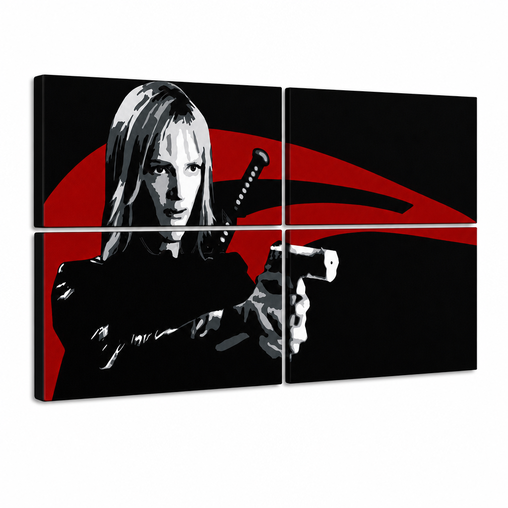 Quadro POP Art dipinto a mano Kill Bill 4 pezzi kb – Visualizzazione 3D del quadro dipinto a mano su sfondo bianco. Colori dominanti: nero, rosso, bianco.