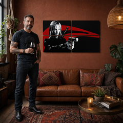 Quadro POP Art dipinto a mano Kill Bill 4 pezzi kb – quadro in un moderno interno maschile, visualizzazione lifestyle. Colori dominanti: nero, rosso, bianco.