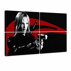 Quadro POP Art dipinto a mano Kill Bill 4 pezzi kb – Visualizzazione 3D del quadro dipinto a mano su sfondo bianco. Colori dominanti: nero, rosso, bianco.