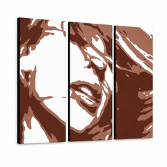 Quadro POP Art dipinto a mano Kylie Minogue 3 pezzi – Visualizzazione 3D del quadro dipinto a mano su sfondo bianco. Colori dominanti: marrone, bianco, arancione.