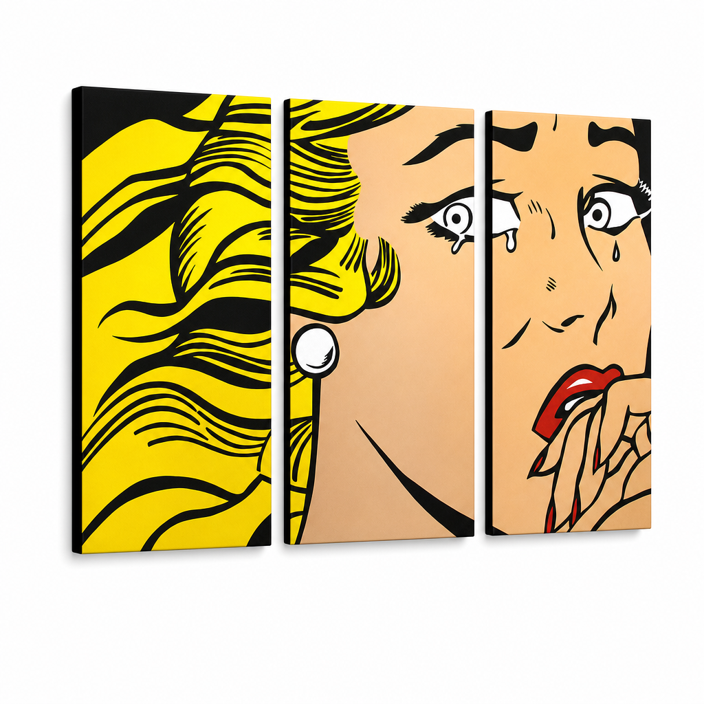 Quadro POP Art dipinto a mano LICHTENSTEIN 3 pezzi li3/x2 – Visualizzazione 3D del quadro dipinto a mano su sfondo bianco. Colori dominanti: giallo, nero, rosa.