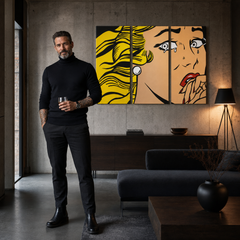 Quadro POP Art dipinto a mano LICHTENSTEIN 3 pezzi li3/x2 – quadro in un moderno interno maschile, visualizzazione lifestyle. Colori dominanti: giallo, nero, rosa.