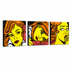 Quadro POP Art dipinto a mano LICHTENSTEIN 3 pezzi li7 – Visualizzazione 3D del quadro dipinto a mano su sfondo bianco. Colori dominanti: giallo, nero, arancione.