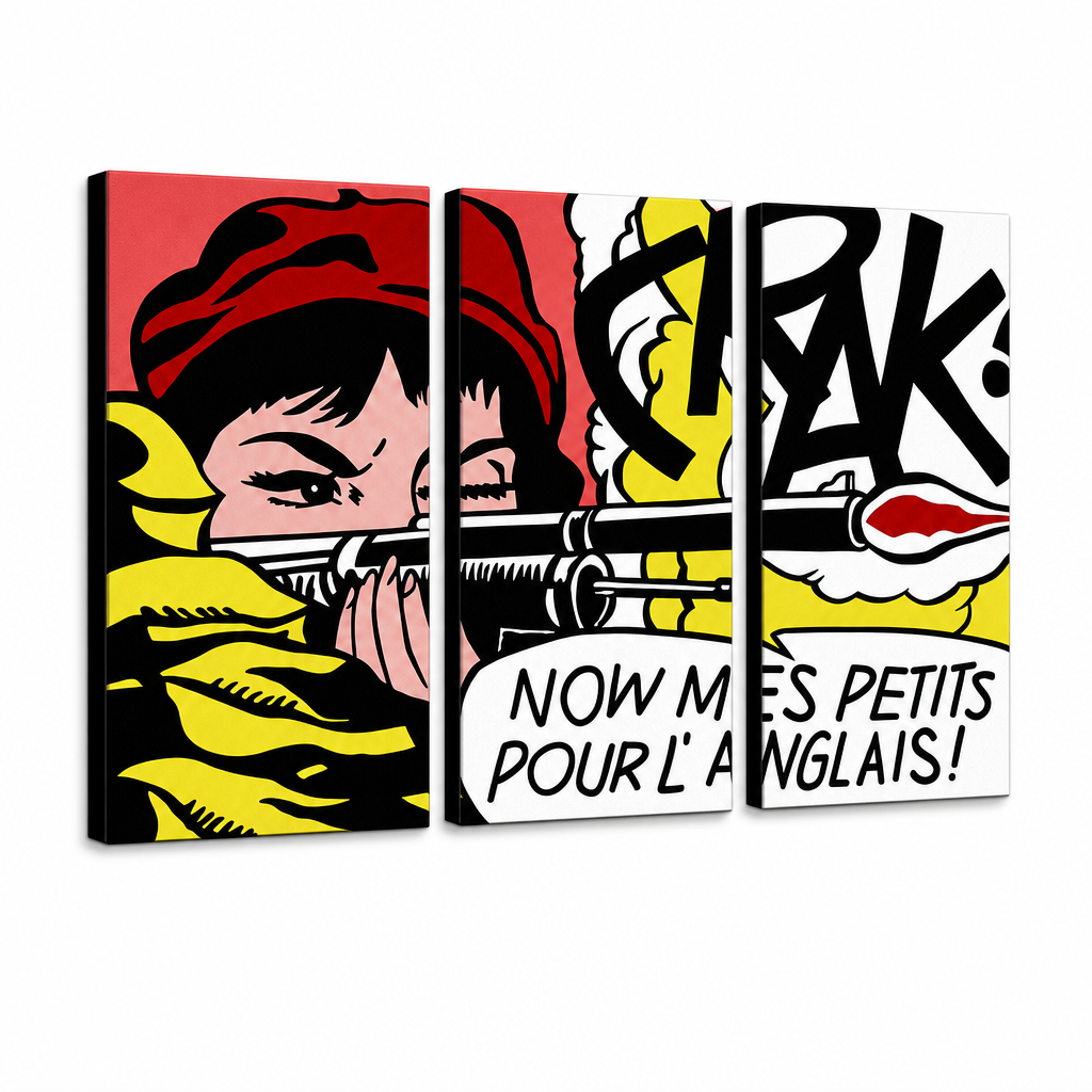 Quadro POP Art dipinto a mano LICHTENSTEIN 3 pezzi li8 – Visualizzazione 3D del quadro dipinto a mano su sfondo bianco. Colori dominanti: rosso, giallo, nero, bianco, arancione.