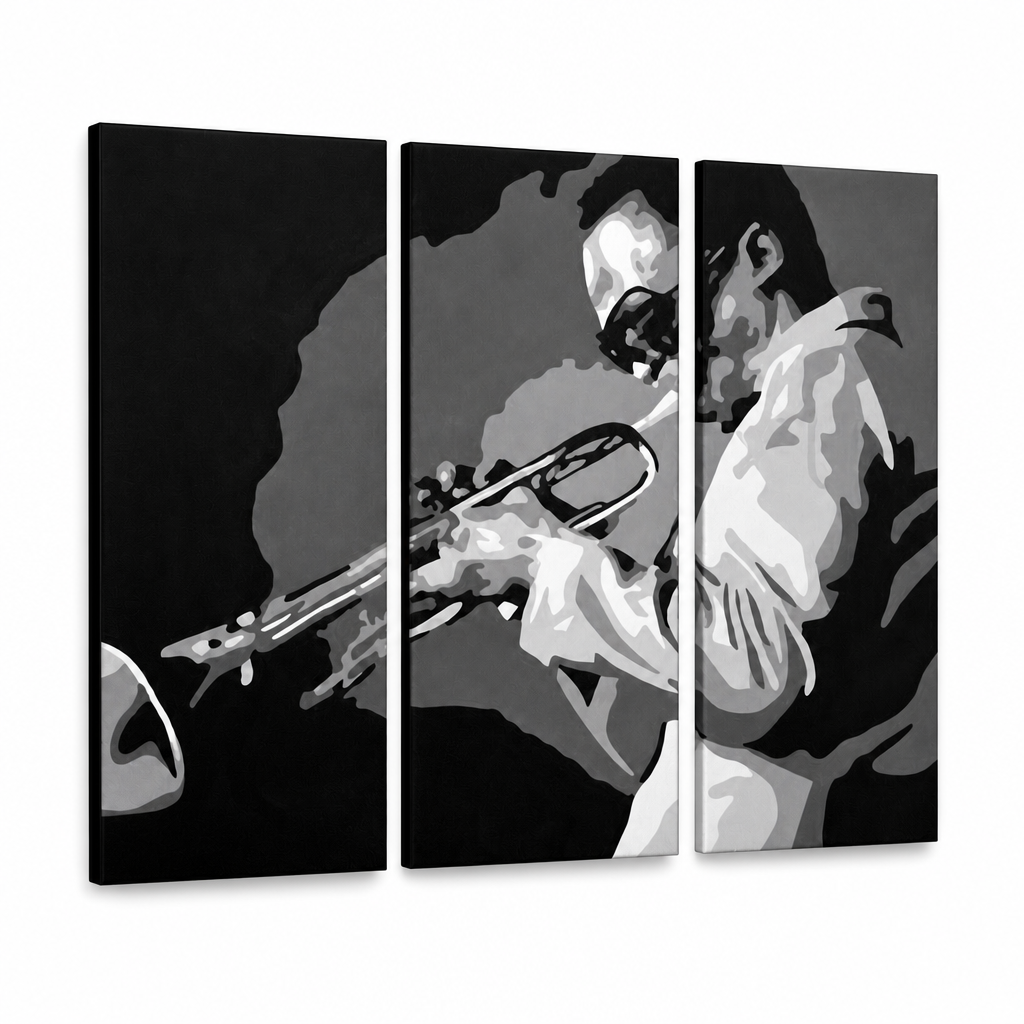 Quadro POP Art dipinto a mano Miles Davis 3 pezzi md – Visualizzazione 3D del quadro dipinto a mano su sfondo bianco. Colori dominanti: nero, bianco, grigio.