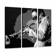 Quadro POP Art dipinto a mano Miles Davis 3 pezzi md – Visualizzazione 3D del quadro dipinto a mano su sfondo bianco. Colori dominanti: nero, bianco, grigio.