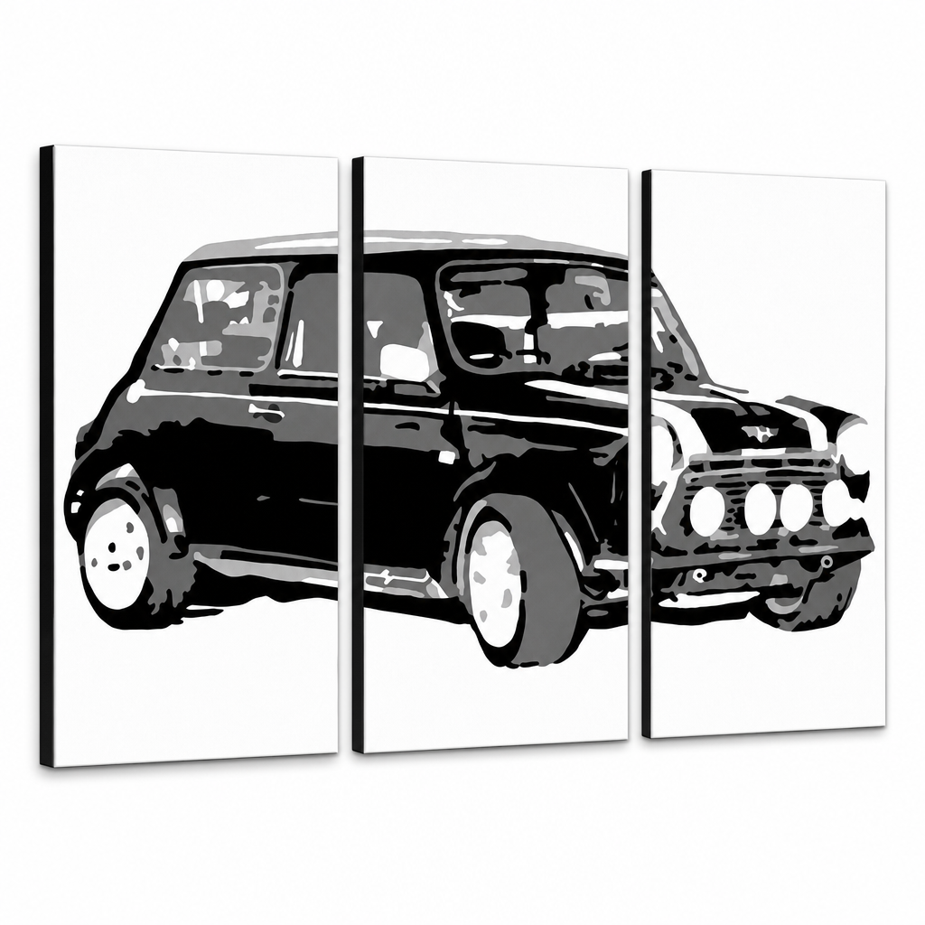 Quadro POP Art dipinto a mano MINI COOPER 3 pezzi mini – Visualizzazione 3D del quadro dipinto a mano su sfondo bianco. Colori dominanti: nero, bianco, grigio.