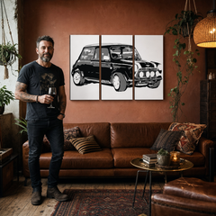 Quadro POP Art dipinto a mano MINI COOPER 3 pezzi mini – quadro in un moderno interno maschile, visualizzazione lifestyle. Colori dominanti: nero, bianco, grigio.