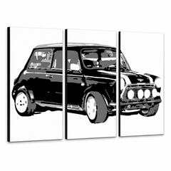 Quadro POP Art dipinto a mano MINI COOPER 3 pezzi mini – Visualizzazione 3D del quadro dipinto a mano su sfondo bianco. Colori dominanti: nero, bianco, grigio.