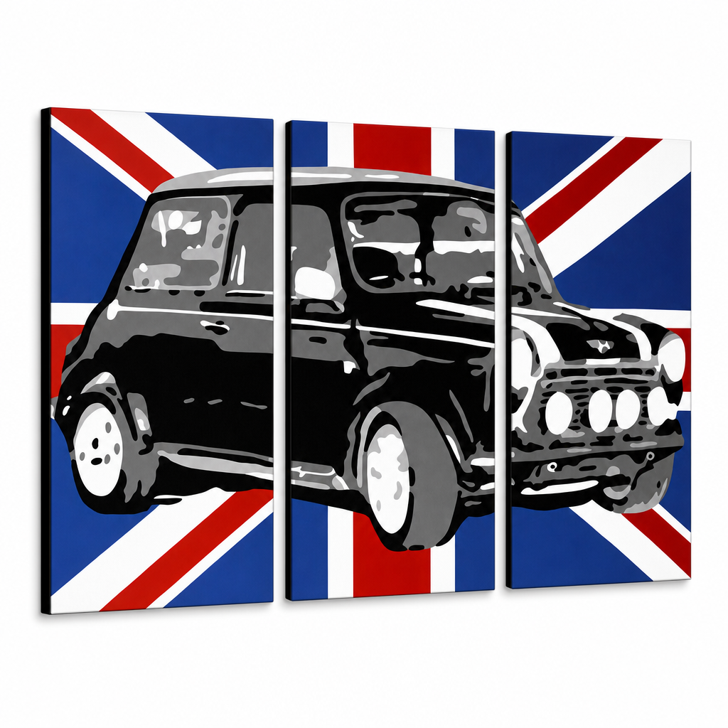 Quadro POP Art dipinto a mano MINI COOPER 3 pezzi mini2 – Visualizzazione 3D del quadro dipinto a mano su sfondo bianco. Colori dominanti: nero, blu, bianco.