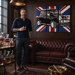Quadro POP Art dipinto a mano MINI COOPER 3 pezzi mini2 – quadro in un moderno interno maschile, visualizzazione lifestyle. Colori dominanti: nero, blu, bianco.