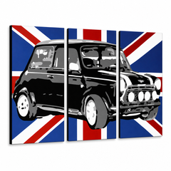 Quadro POP Art dipinto a mano MINI COOPER 3 pezzi mini2 – Visualizzazione 3D del quadro dipinto a mano su sfondo bianco. Colori dominanti: nero, blu, bianco.