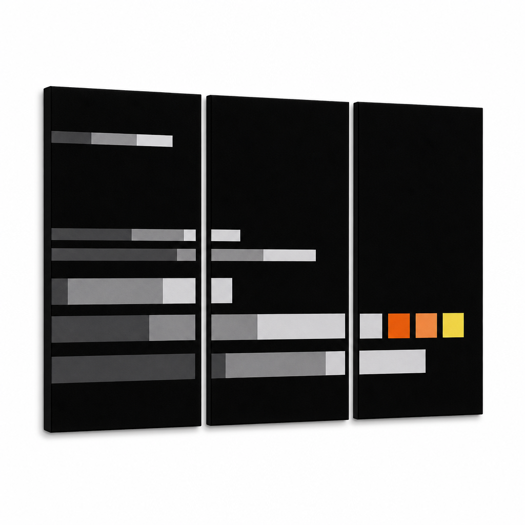 Quadro POP Art dipinto a mano NUOVO Quadro POP Art 3 parti np – Visualizzazione 3D del quadro dipinto a mano su sfondo bianco. Colori dominanti: nero, grigio, arancione, giallo, bianco.
