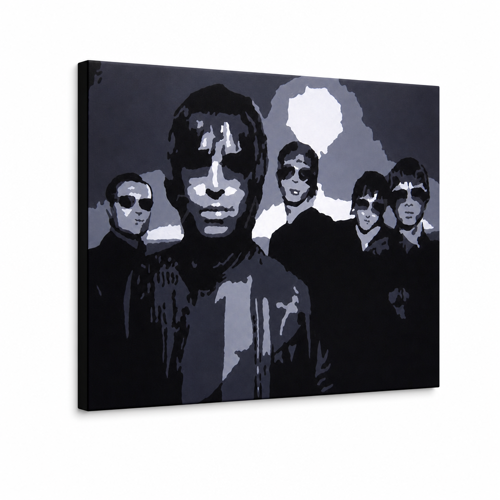 Quadro POP Art dipinto a mano Oasis 1 pezzo oa – Visualizzazione 3D del quadro dipinto a mano su sfondo bianco. Colori dominanti: nero, grigio, bianco.