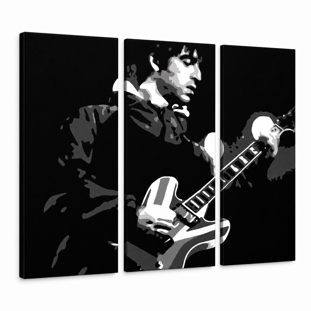 Quadro POP Art dipinto a mano Oasis 3 pezzi oa2 – Visualizzazione 3D del quadro dipinto a mano su sfondo bianco. Colori dominanti: nero, grigio, bianco, strieborná.